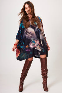 Bata Ampla Alongada Azul Estampa De Elefante Com Pedrinhas Yacamim B19