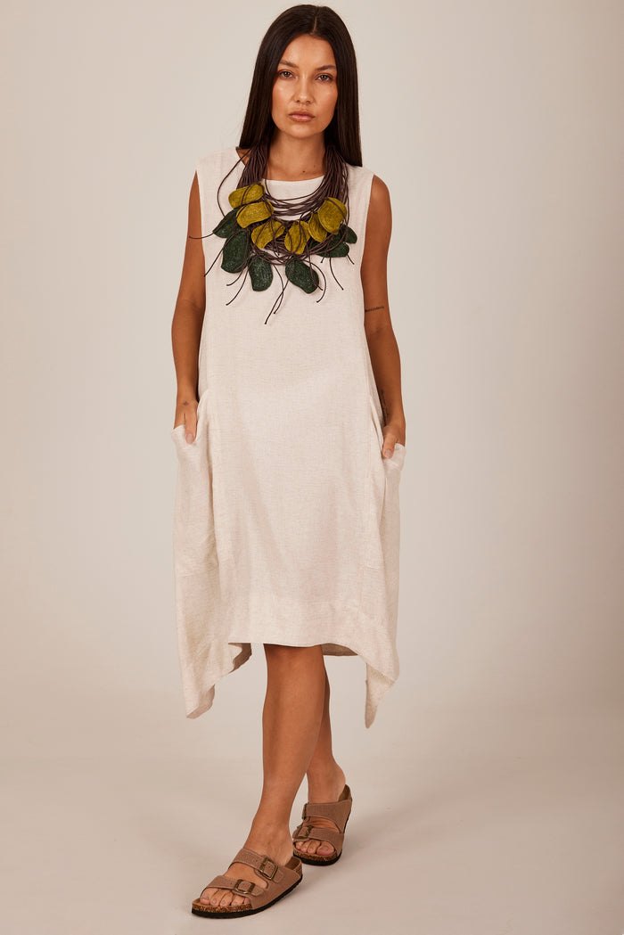 Vestido Curto Regata De Linho Bege Yacamim D3 Liso