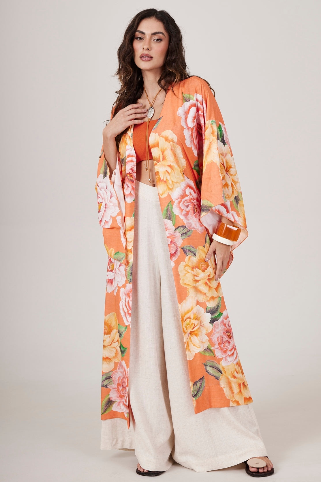 Kimono Longo Com Faixa Laranja Estampado Yacamim J5 Mex