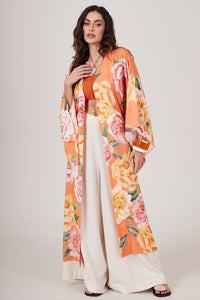 Kimono Longo Com Faixa Laranja Estampado Yacamim J5 Mex