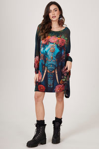 Bata Ampla Com Pedrinhas Estampa Elefante Azul Yacamim B30