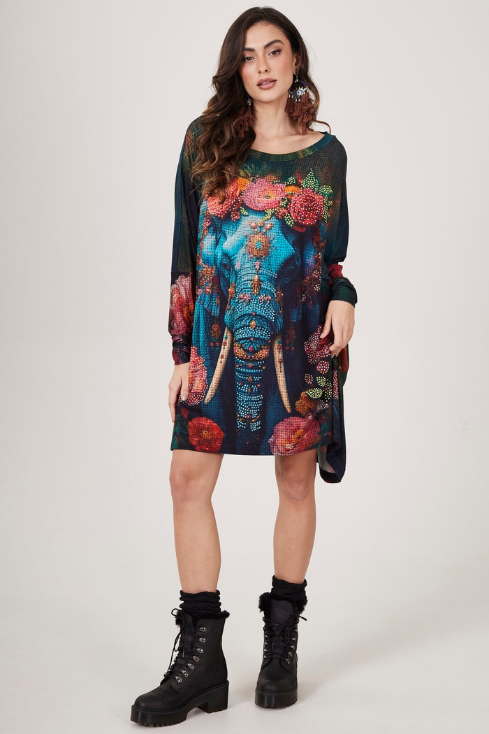 Bata Ampla Com Pedrinhas Estampa Elefante Azul Yacamim B30