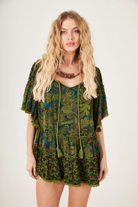 Bata Ampla Decote Ombro A Ombro Verde Patchwork Yacamim B1