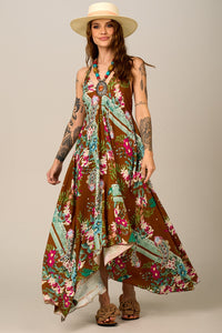 Vestido Longo Frente Única Marrom Estampa Paisley Yacamim E9