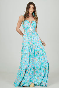 Vestido Longo Alças Azul Tiffany Estampado Yacamim C6