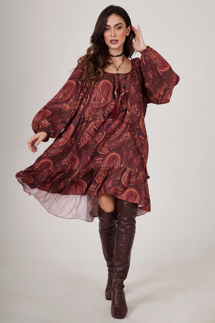 Vestido Curto Bordô Estampa Cashmere Yacamim D18