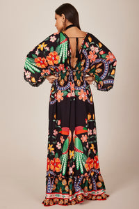 Vestido Longo Com Decote Em V Cavado Preto Estampado Yacamim C11