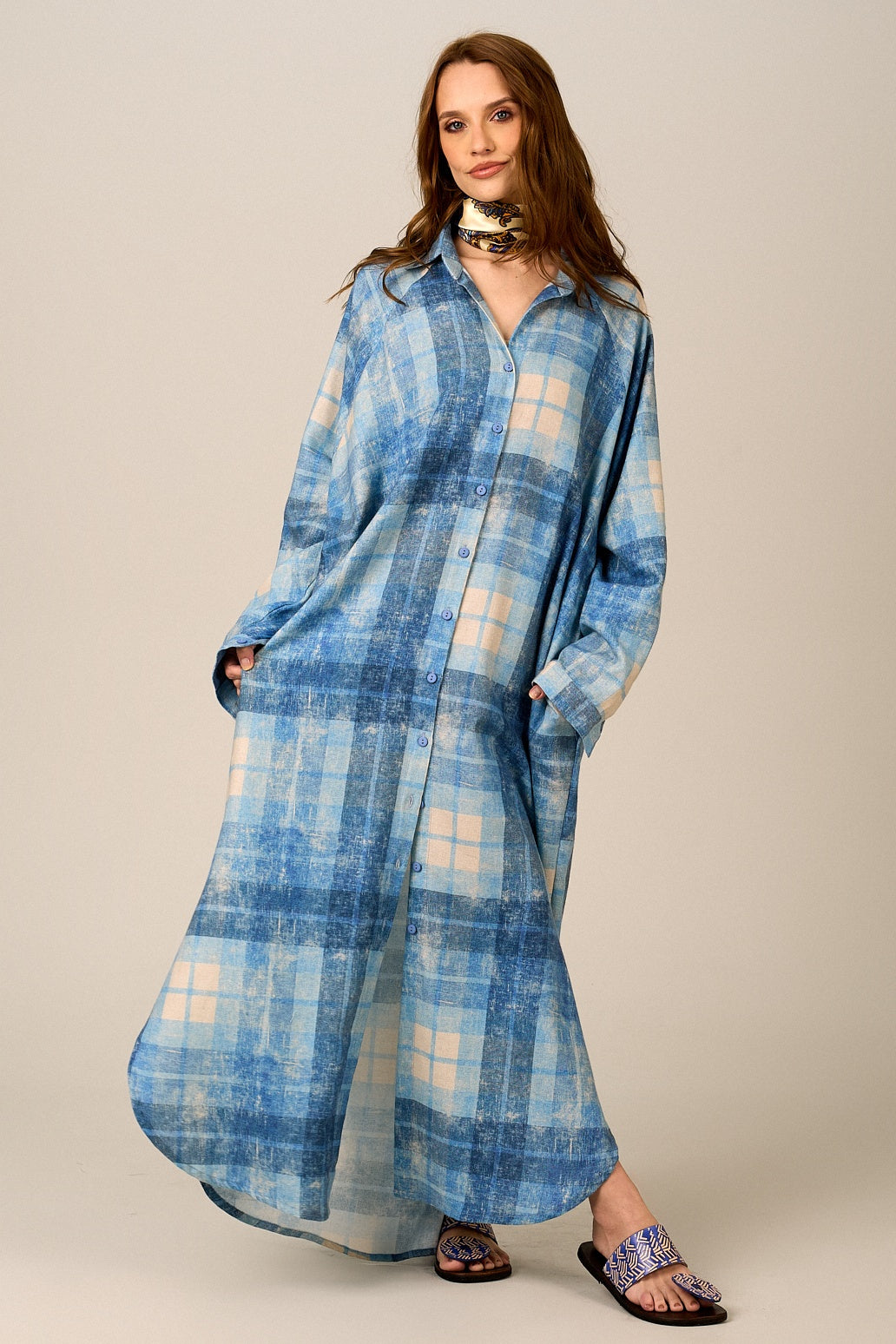 Chemise Longa De Algodão Azul Estampa Xadrez Yacamim M10