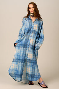 Chemise Longa De Algodão Azul Estampa Xadrez Yacamim M10