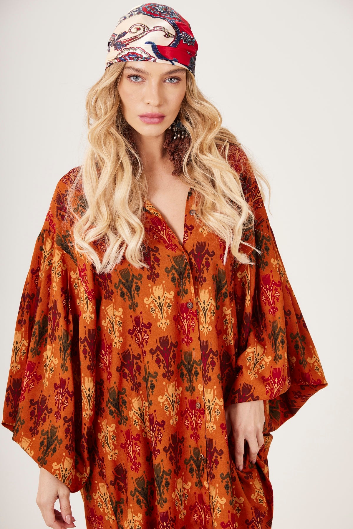 Chemise Ampla Laranja Escuro Estampado Yacamim M9