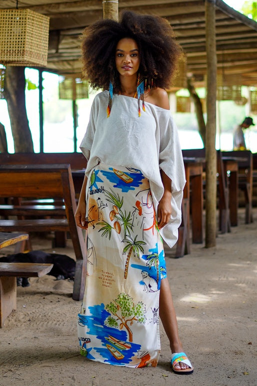 Saia Longa Bege Estampado Coleção Bahêa Yacamim R2