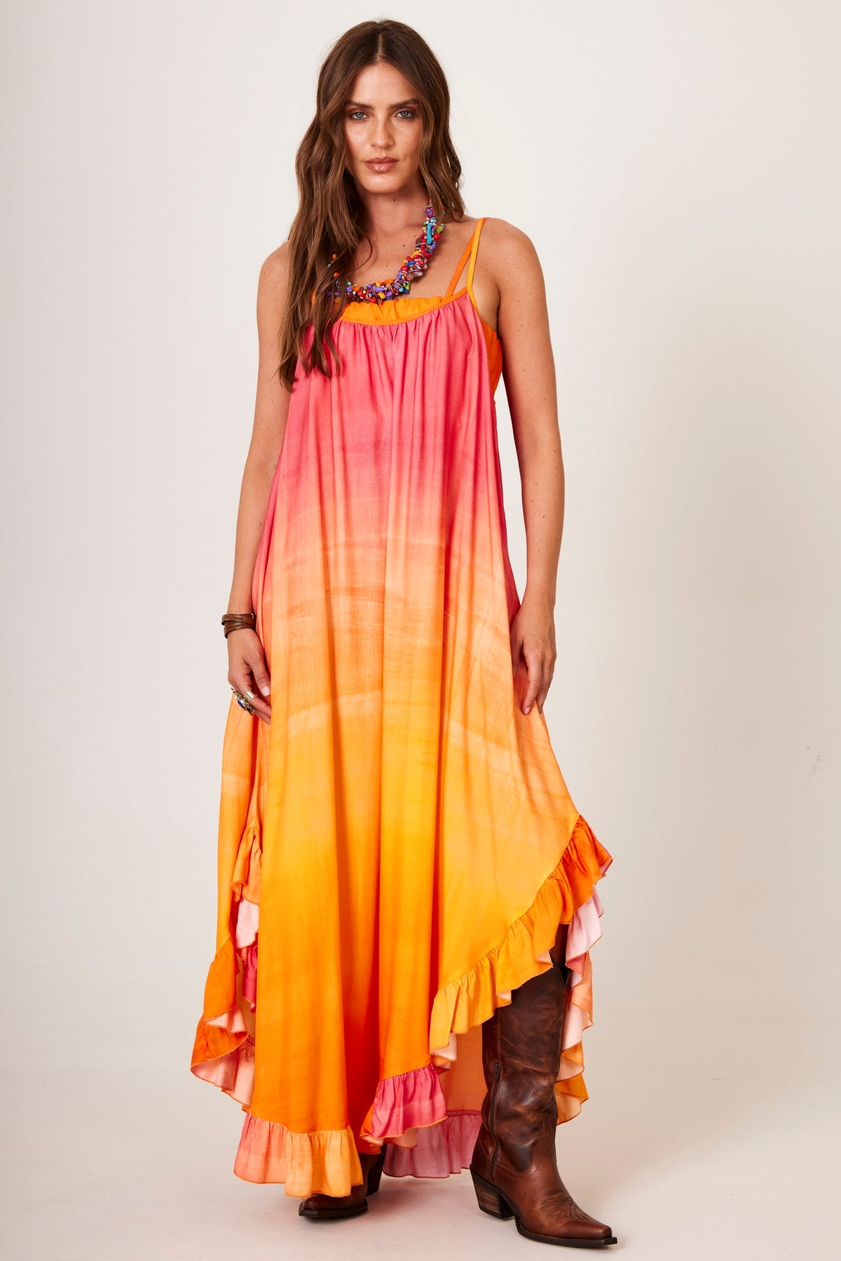 Vestido Midi De Alcinhas Rosa E Laranja Degradê Yacamim D16