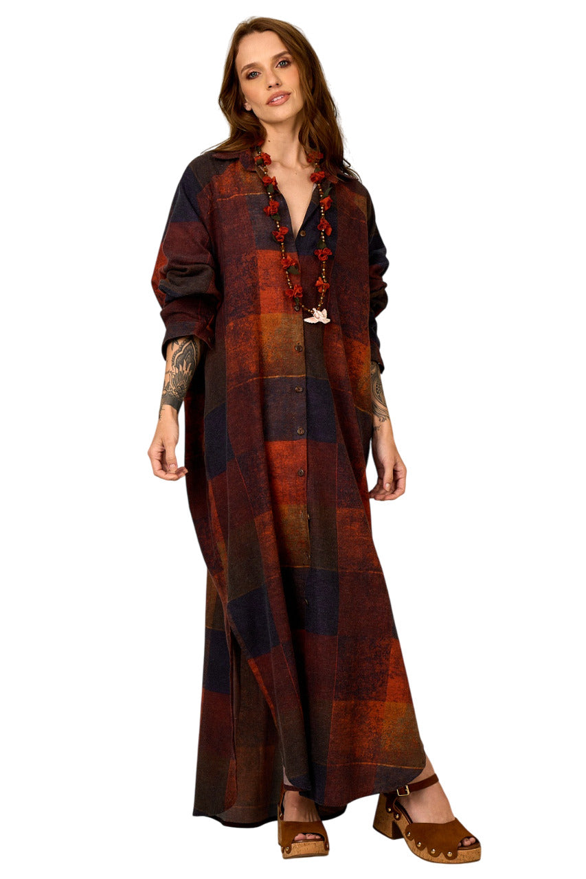 Chemise Longa De Algodão Terracota Estampa Xadrez Yacamim N6