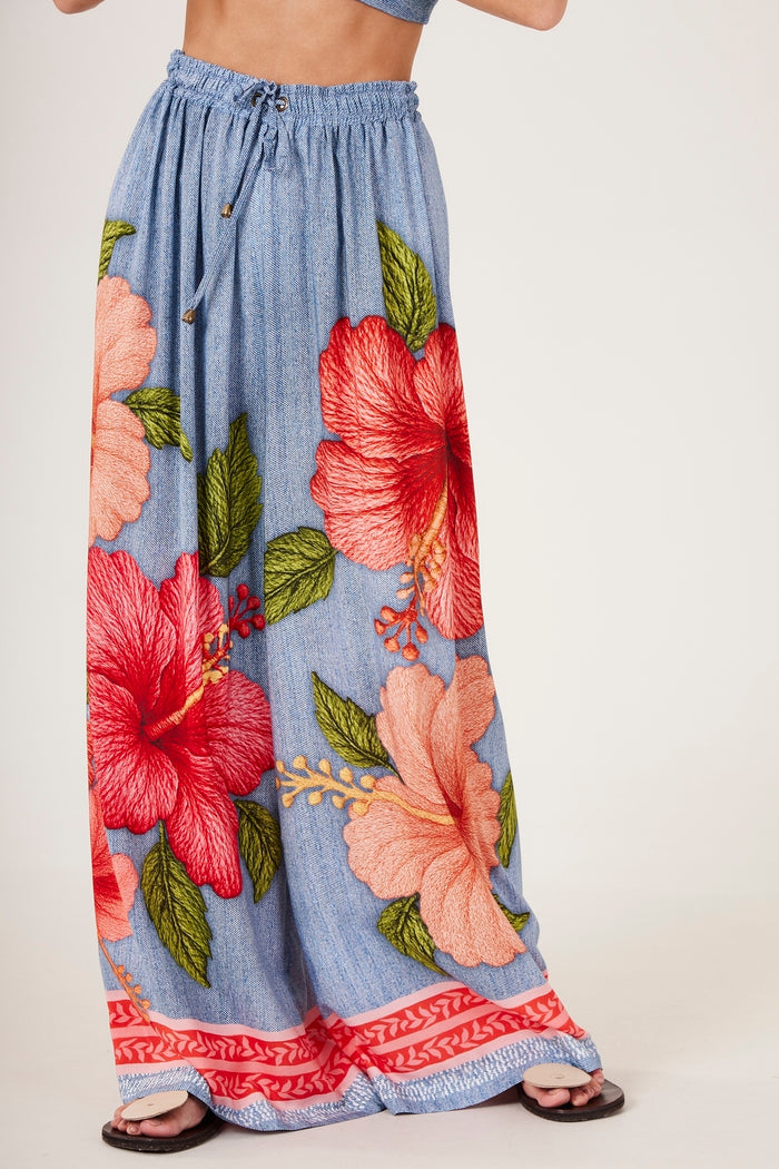 Calça Pantalona Azul Estampa Floral Yacamim A34