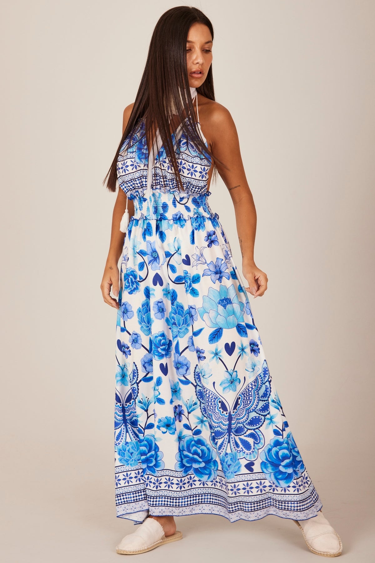 Vestido Longo Frente Única Azul Estampado Yacamim D18