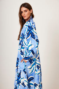 Chemise Midi Amplo Azul Estampa Tropical Yacamim P9