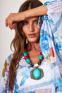 Vestido Longo De Tule Azul  Estampado Yacamim D12