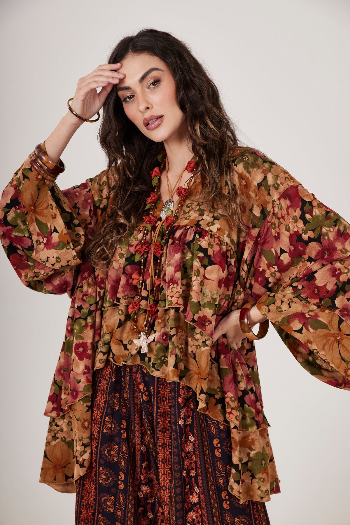 Bata Ampla Alongada Marrom Claro Patchwork Yacamim B20 Mex