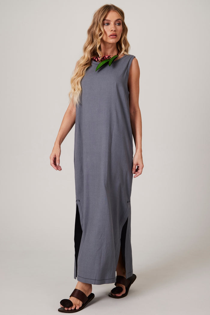 Vestido Regata Linho Midi Cinza Escuro Yacamim D20 Liso