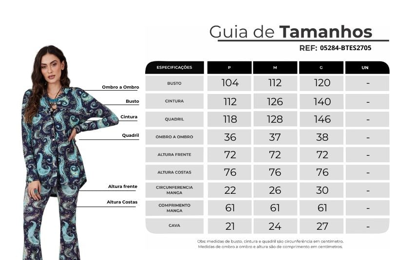 Camisa Ampla Com Botões Azul Estampa Cashmere Yacamim A14