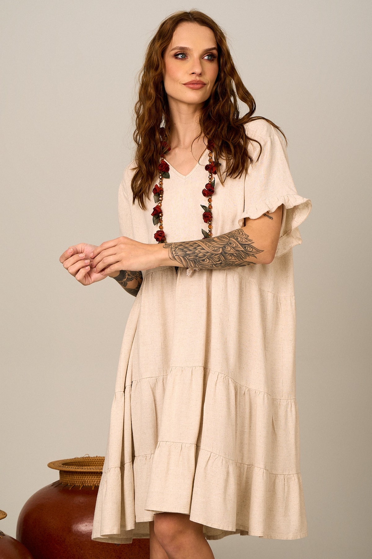 Vestido Curto Bege Nature Viscolinho Yacamim C27