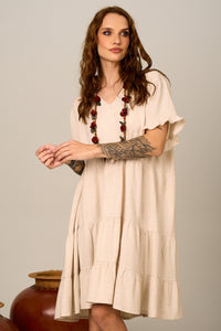 Vestido Curto Bege Nature Viscolinho Yacamim C27