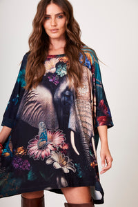 Bata Ampla Alongada Azul Estampa De Elefante Com Pedrinhas Yacamim B19