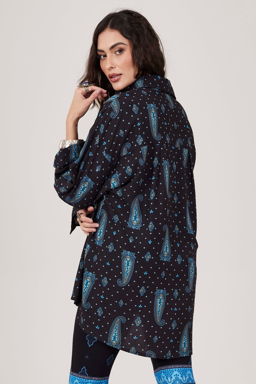 Camisa Ampla Manga Longa Azul Marinho cashmere Yacamim A16