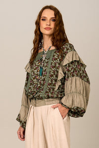 Bata Com Mangas Longas Bufantes Verde Estampado Patchwork Yacamim B20