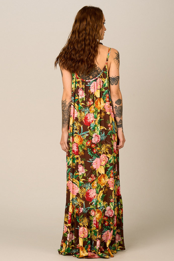 Vestido Longo De Alças Reguláveis Marrom Floral Yacamim C16