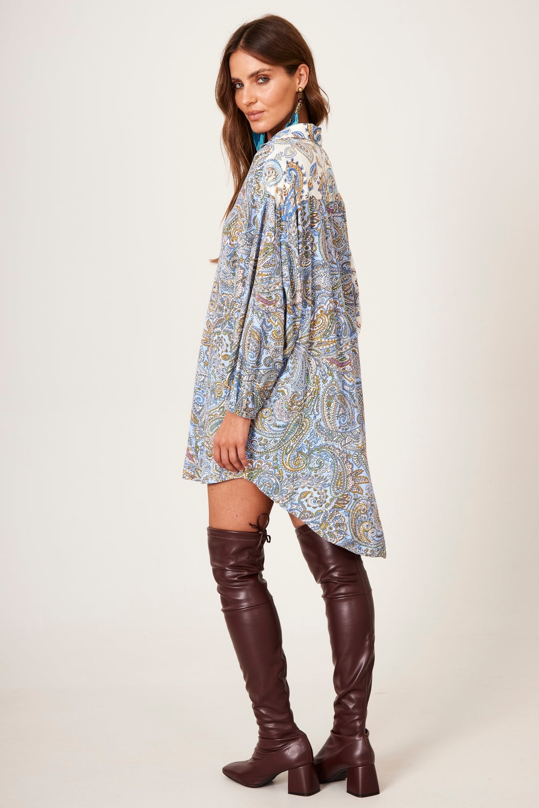 Chemise Alongado Azul Patchwork Cashmere Yacamim N10