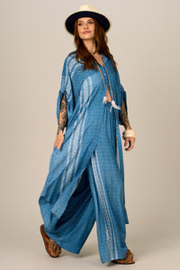 Calça Pantalona Sem Bolsos Azul Estampado Yacamim A39