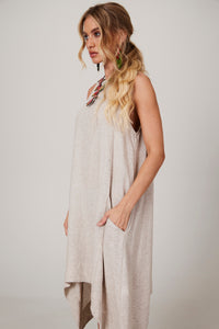 Vestido Regata Curto De Linho Bege Yacamim E28 Liso