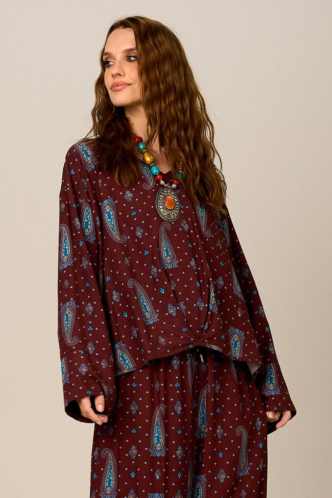 Bata Ampla Marrom Estampa Paisley Yacamim A20