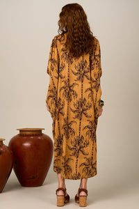 Chemise Midi Viscolinho Marrom Estampa De Coqueiros Yacamim P1