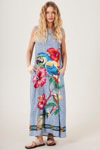 Vestido Longo Regata Azul Estampa Arara Yacamim C7