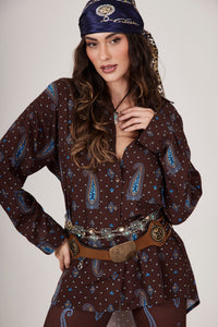 Camisa Marrom Escuro Estampa Cashmere Azul Yacamim A29