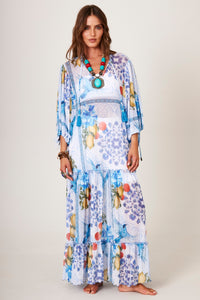 Vestido Longo De Tule Azul  Estampado Yacamim D12