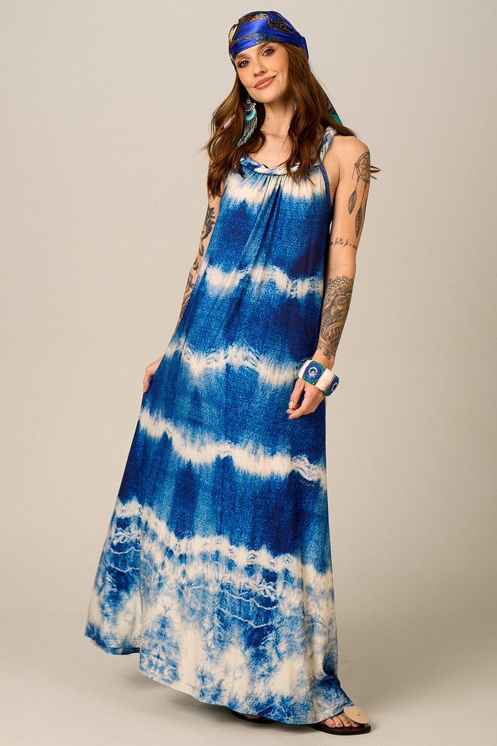 Vestido Longo Nadador Azul Tie Dye Estampa Digital Yacamim D7