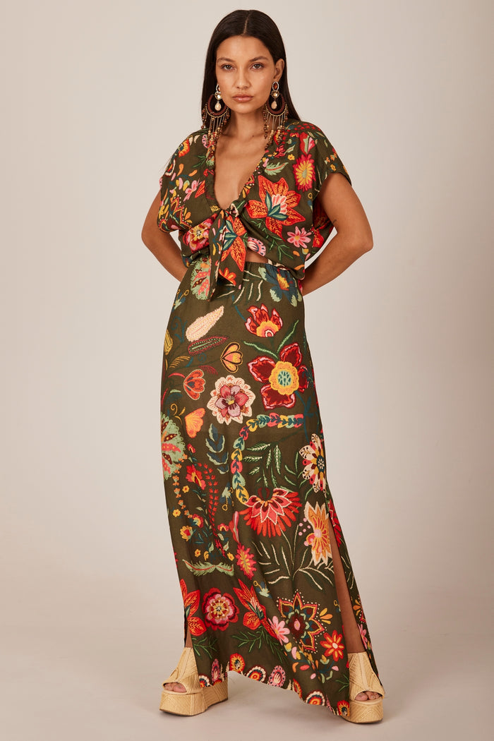 Vestido Longo Verde Estampado Yacamim E1