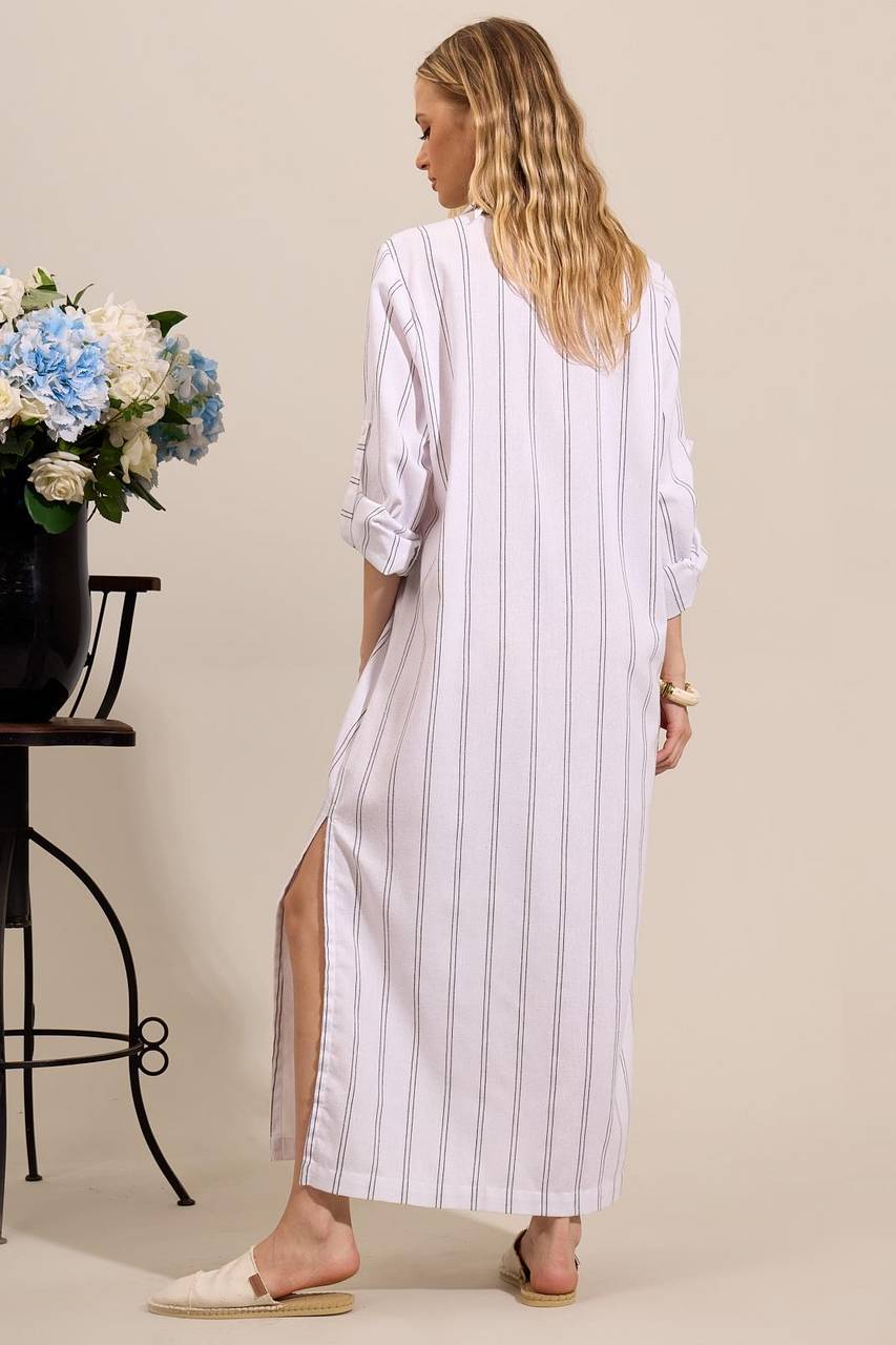 Chemise Longa De Linho Com Mangas Longas Branca Listrado Yacamim N3