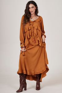 Vestido Longo Ombro A Ombro Caramelo Yacamim C14 Liso