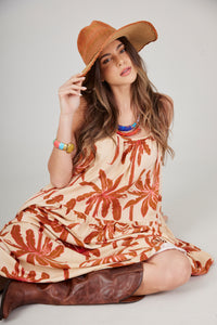 Vestido Midi Bege Escuro E Marrom Estampa Coqueiros Yacamim C31