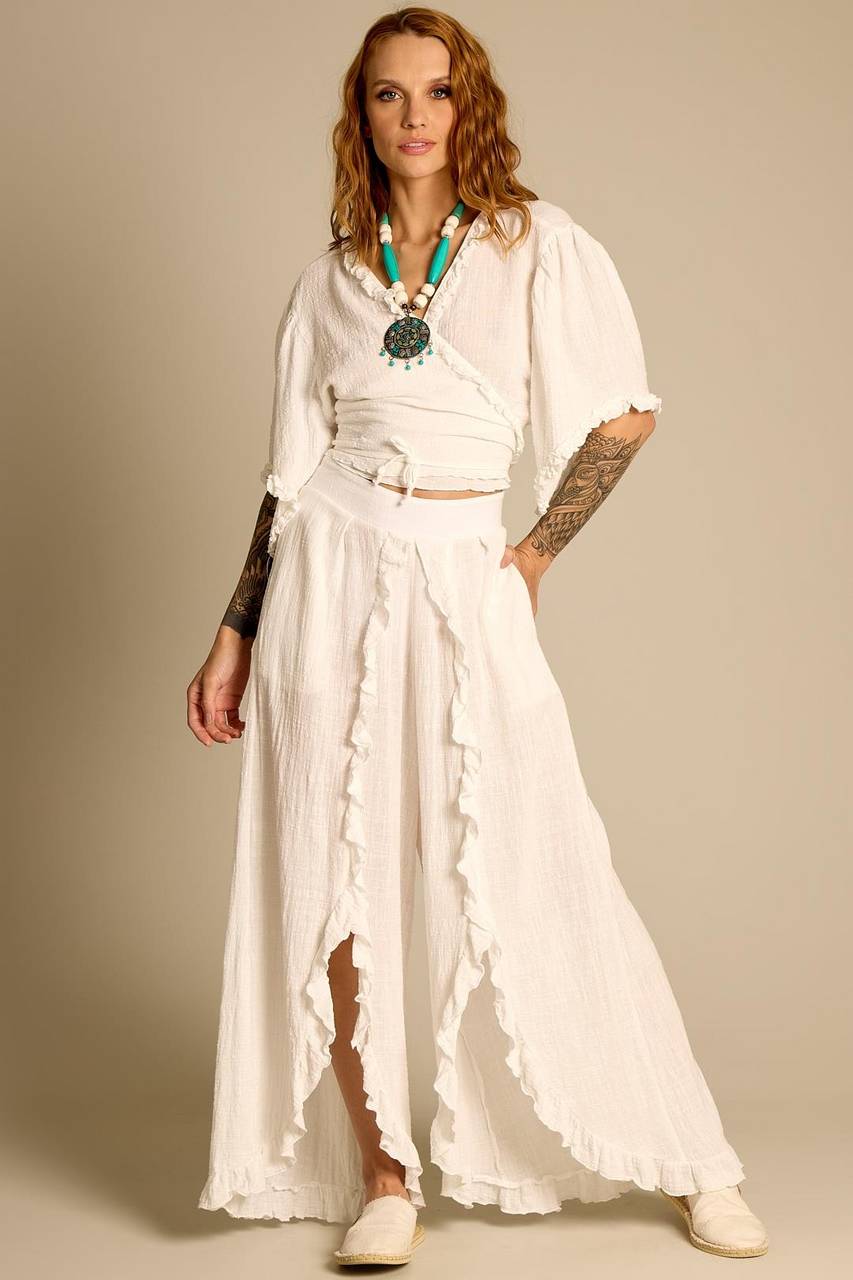 Calça De Cintura Alta Com Babadinhos Branco Yacamim A31