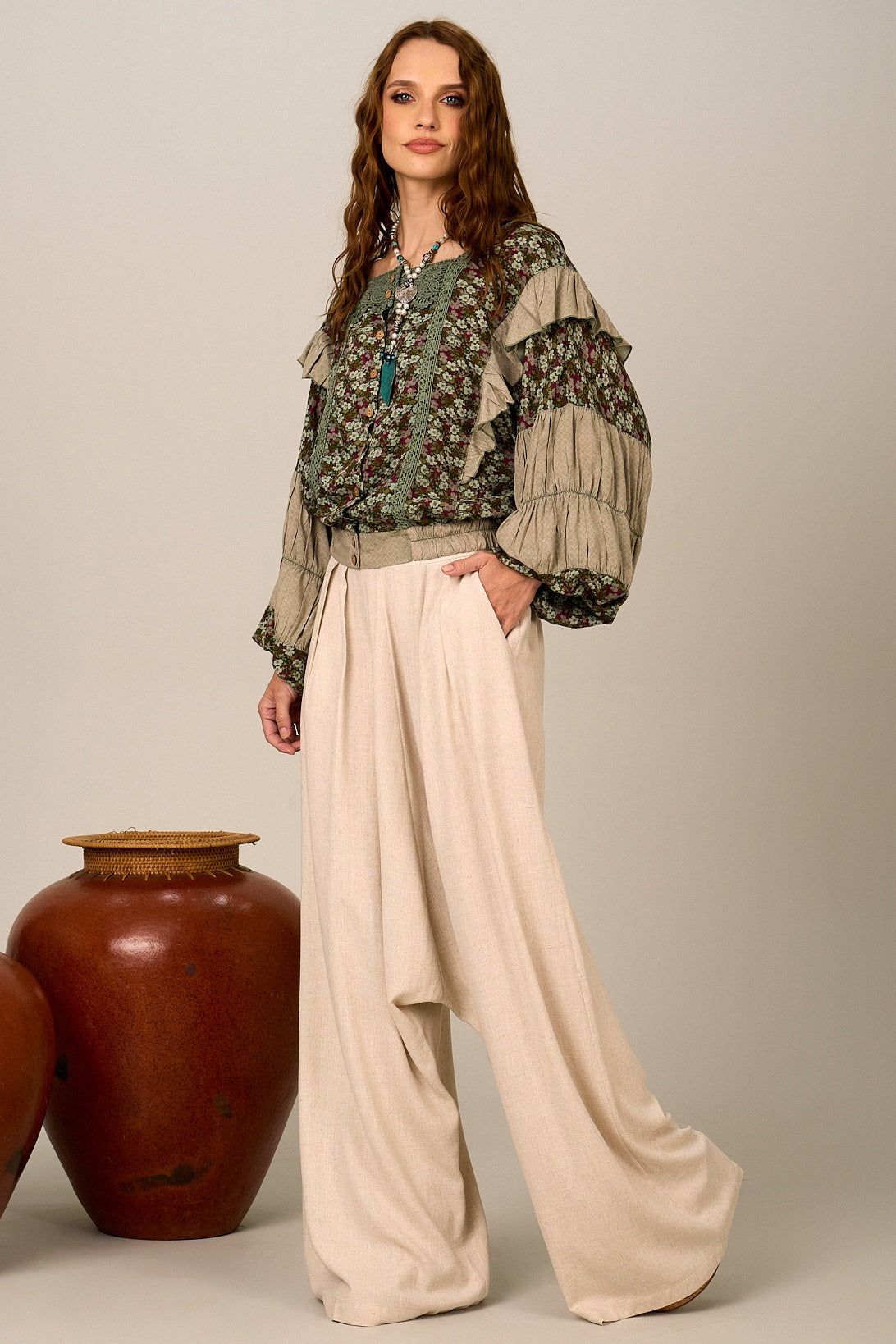 Calça Saruel De Linho Bege Nature Yacamim I5