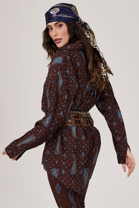 Camisa Marrom Escuro Estampa Cashmere Azul Yacamim A29