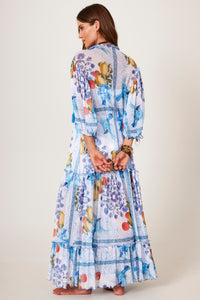 Vestido Longo De Tule Azul  Estampado Yacamim D12