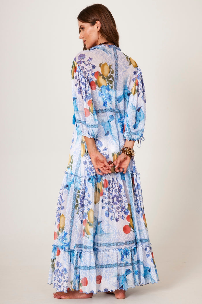 Vestido Longo De Tule Azul  Estampado Yacamim D12