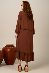 Vestido Midi De Viscolinho Com Babados Marrom Escuro Yacamim E16