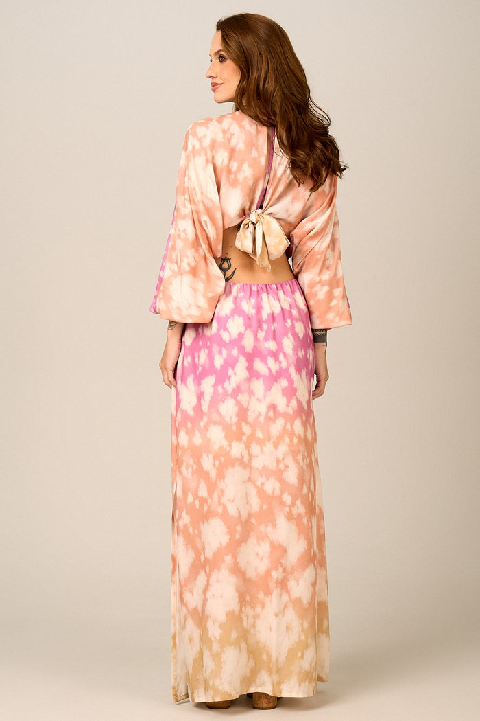 Vestido Longo Vazado Tie Dye Rosa E Laranja Yacamim C17